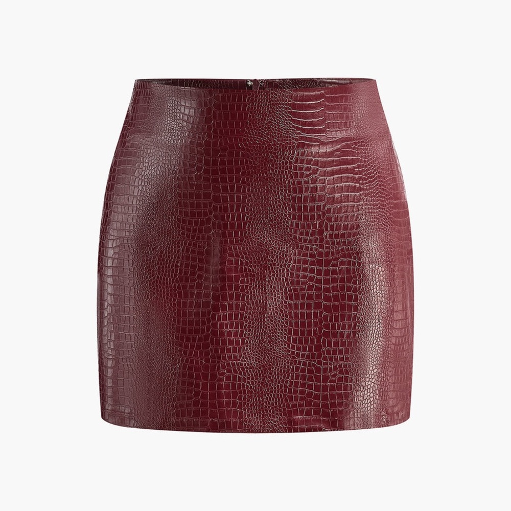 Faux Leather Textured Mini Skirt - Burgundy